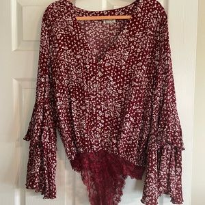 Burgundy and white boho body suit